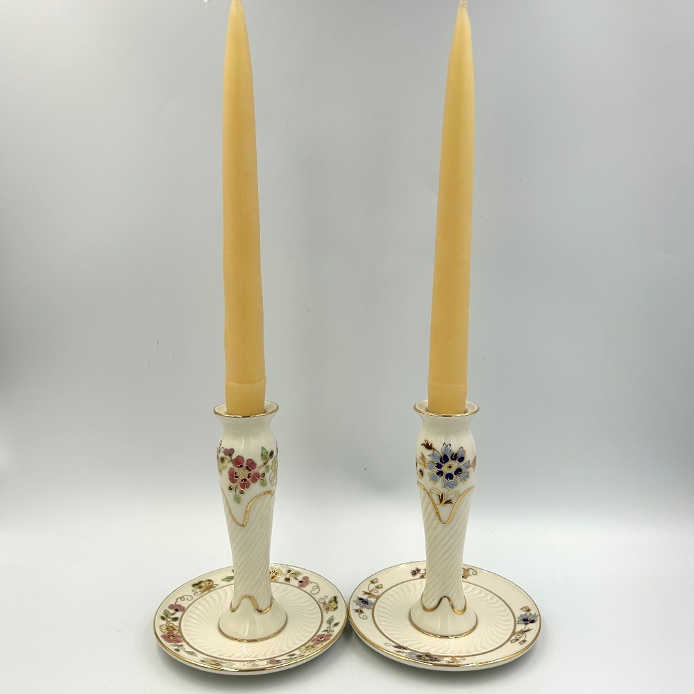 2 Zsolnay Hungary Hand Painted Porcelain Taper Candle Holders Floral Butterfly